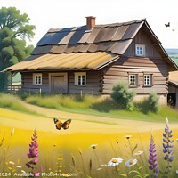 Buy canvas prints of Idyllic rural landscape with a wooden cottage, blooming flowers, and birds in a serene countryside setting. by Man And Life
