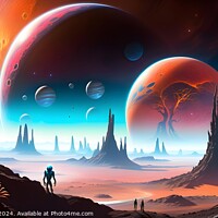 Buy canvas prints of Surreal alien landscape with towering rock formations, multiple moons, and a couple gazing at the horizon under a starry sky, evoking adventure and exploration. by Man And Life