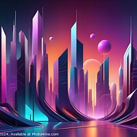 Buy canvas prints of Futuristic cityscape with neon lights and abstract skyscrapers under a twilight sky. by Man And Life