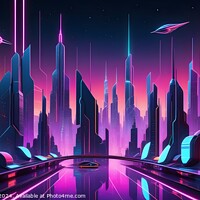 Buy canvas prints of Futuristic cityscape with neon lights and flying vehicles against a dusk sky. by Man And Life