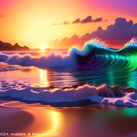 Buy canvas prints of Vibrant digital wave with neon colors on a serene beach at sunset. by Man And Life