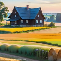 Buy canvas prints of Idyllic rural landscape with a traditional house, golden fields, and hay bales during sunset. by Man And Life