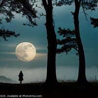 Buy canvas prints of Mysterious silhouette of a person standing in a forest with a full moon in the background. by Man And Life