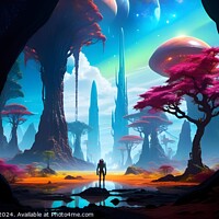 Buy canvas prints of Surreal fantasy landscape with a lone figure standing before a vibrant alien world, featuring colorful skies, exotic trees, and mysterious rock formations. by Man And Life