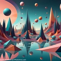 Buy canvas prints of Surreal alien landscape with colorful geometric mountains, floating orbs, and a reflective water surface under a pastel sky. by Man And Life