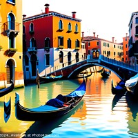 Buy canvas prints of Colorful digital artwork of a Venetian canal with gondolas and traditional buildings reflecting in the water, capturing the essence of Venice, Italy. by Man And Life