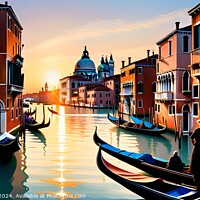 Buy canvas prints of Scenic view of the Grand Canal in Venice with gondolas and historic buildings during sunset, reflecting the warm glow of the sun on the water. by Man And Life