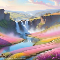 Buy canvas prints of Idyllic landscape with waterfalls, river, and colorful fields under a soft, sunny sky. by Man And Life