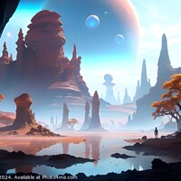 Buy canvas prints of Surreal alien landscape with towering rock formations, a reflective water body, trees, and a human silhouette, under a sky with large planets and floating bubbles. by Man And Life