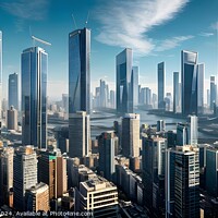 Buy canvas prints of Futuristic city skyline with skyscrapers and hazy atmosphere under blue sky. by Man And Life