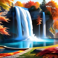 Buy canvas prints of Vibrant digital art of a serene waterfall with autumn-colored trees and a tranquil blue pond, set against a backdrop of a distant mountain and clear sky. by Man And Life