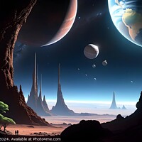 Buy canvas prints of Surreal alien landscape with multiple moons and planets visible in the sky, towering spires, and exotic vegetation under a starlit sky, evoking a sense of exploration and science fiction. by Man And Life
