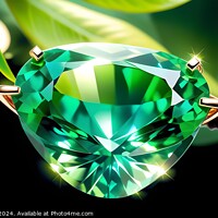 Buy canvas prints of Brilliant green gemstone with facets reflecting light, elegantly held by prongs in a setting, against a backdrop of lush leaves and dark background. by Man And Life