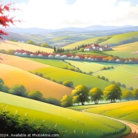 Buy canvas prints of Idyllic landscape painting with vibrant rolling hills, a winding path, and red trees under a sunny sky, perfect for backgrounds or tranquil scenes. by Man And Life
