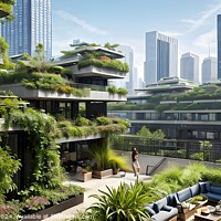 Buy canvas prints of Modern eco-friendly architecture with green plants on balconies, urban skyline in the background. by Man And Life