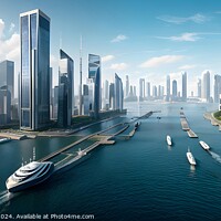 Buy canvas prints of Futuristic cityscape with skyscrapers and waterways, modern boats cruising under clear skies. by Man And Life