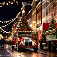 Buy canvas prints of Festive holiday street with Christmas lights and decorations, featuring a tree and gifts on a vintage truck. by Man And Life