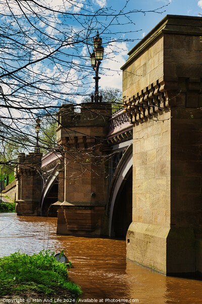 Scenic view of an old stone bridge with arches over a river, framed by blue skies and greenery, with a vintage street lamp adding to the historic charm in York, North Yorkshire, England. Picture Board by Man And Life