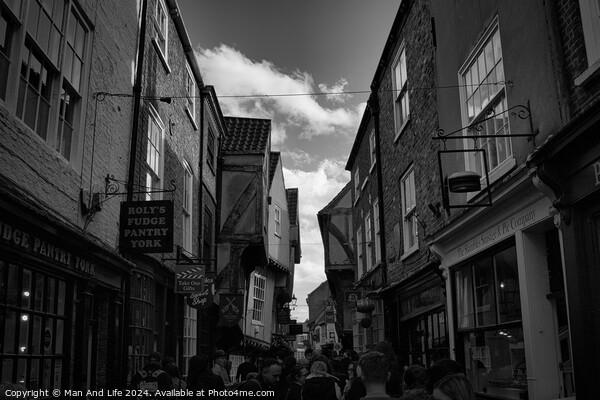 Black and white image of a bustling narrow street in York, with historic buildings, quaint shops, and pedestrians exploring the charming old town in York, North Yorkshire, England. Picture Board by Man And Life