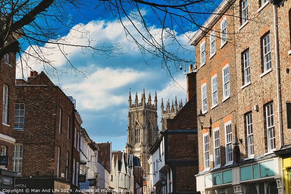 Historic European city street with traditional brick buildings and a prominent Gothic cathedral in the background under a blue sky with clouds in York, North Yorkshire, England. Picture Board by Man And Life
