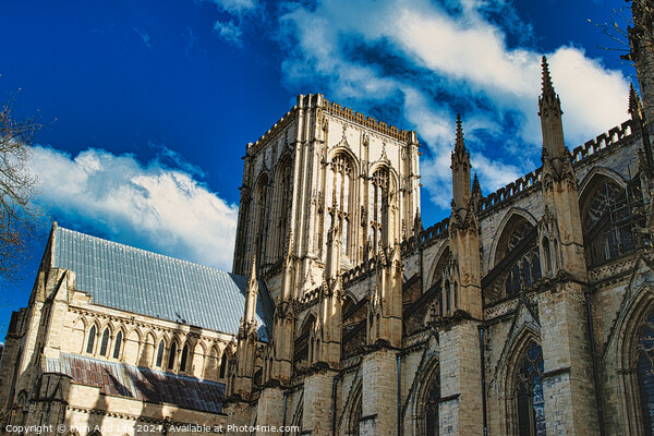 Majestic Gothic cathedral against a blue sky with fluffy clouds, showcasing intricate architecture and historical grandeur in York, North Yorkshire, England. Picture Board by Man And Life
