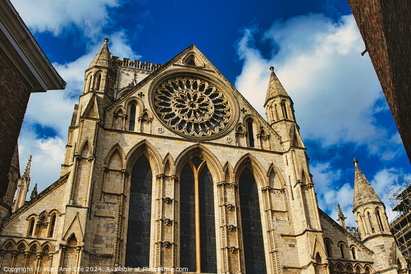 Gothic cathedral facade with rose window and spires against a blue sky with clouds, framed by trees in York, North Yorkshire, England. Picture Board by Man And Life