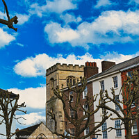 Buy canvas prints of Quaint urban scene with historic stone tower, traditional buildings, and bare tree branches against a vibrant blue sky with fluffy white clouds in York, North Yorkshire, England. by Man And Life