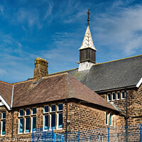 Buy canvas prints of Traditional brick school building with a spire against a blue sky with wispy clouds in Harrogate, North Yorkshire. by Man And Life