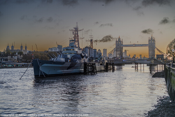 HMS Belfast, moored by Tower Bridge, London Picture Board by Adrian Victory-Daly