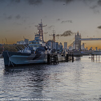 Buy canvas prints of HMS Belfast, moored by Tower Bridge, London by Adrian Victory-Daly
