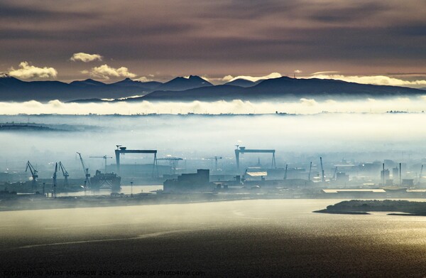Belfast Harbour Cranes and Mourne Mountains Picture Board by ANDY MORROW