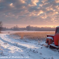 Buy canvas prints of A weather worn American pick-up truck parked near an old church at sunset during winter. by Stephen Hippisley
