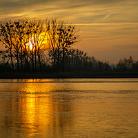 Buy canvas prints of Golden sunset behind trees over a frozen lake by Dariusz Banaszuk