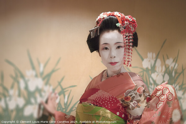 Japanese Maiko or geisha in red kimono coifed hair brooch with patterns of red and white plum blossoms Picture Board by  Kuremo