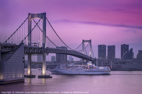 Cruise ship sailing under the Rainbow Bridge of Tokyo at sunset. Picture Board by  Kuremo