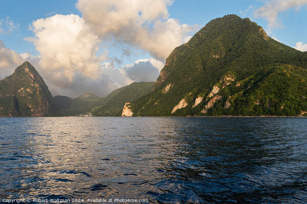 Gros Piton and distant Petit Piton are viewed from the Caribbean Sea. Picture Board by Robert Waltman