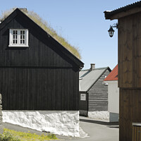 Buy canvas prints of Traditional Faroese Houses with Grass Roofs in Sunlight by FocusArt Flow