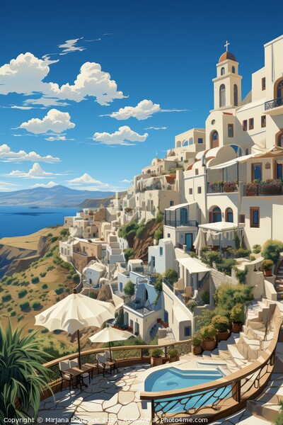 Santorini, Greece travel illustration Picture Board by Mirjana Bogicevic