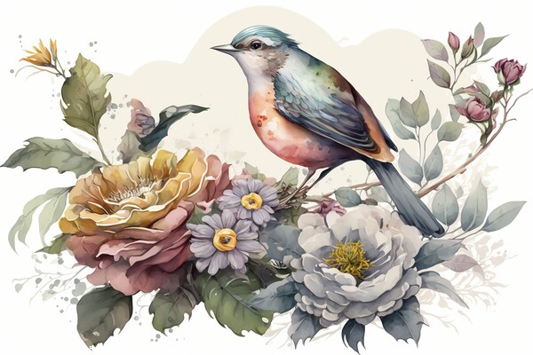 Vintage watercolor painting of flowers and bird Picture Board by Mirjana Bogicevic