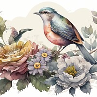 Buy canvas prints of Vintage watercolor painting of flowers and bird by Mirjana Bogicevic