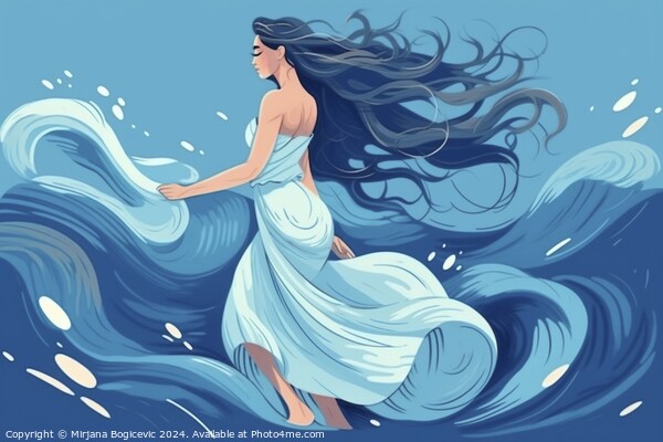 Illustration of woman with flowing hair dance in the ocean Picture Board by Mirjana Bogicevic
