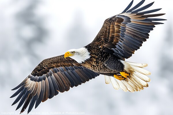 Majestic Bald Eagle Soaring Gracefully Over a Wintry Landscape in Broad Daylight Picture Board by Mirjana Bogicevic