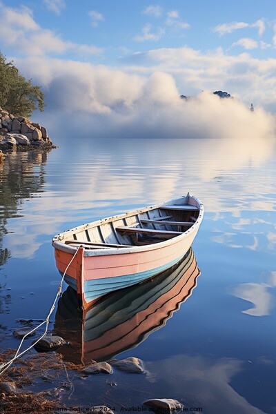 Rowboat on the calm water, created with generative AI Picture Board by Mirjana Bogicevic
