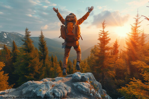 Jubilant Hiker Celebrates Sunset Atop a Mountainous Vista Picture Board by Mirjana Bogicevic