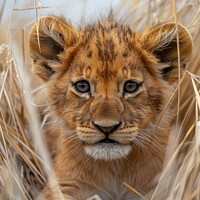 Buy canvas prints of Majestic lion cub gaze in the golden savanna at dusk. Generative by Mirjana Bogicevic