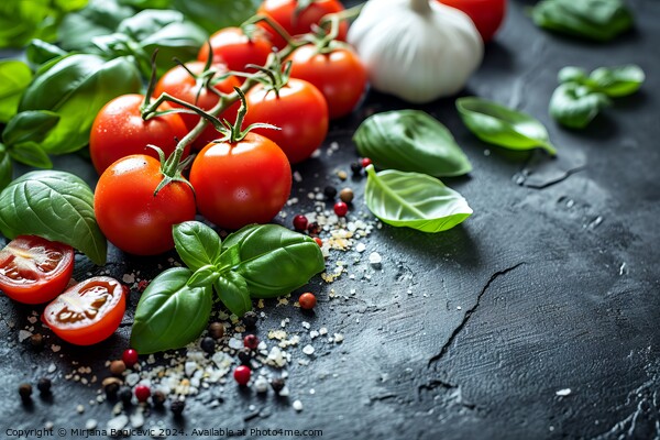 Fresh Garden Tomatoes and Basil on a Textured Black Surface Under Soft Light, Symbolizing Mediterranean Cuisine Created With Generative AI Technology Picture Board by Mirjana Bogicevic