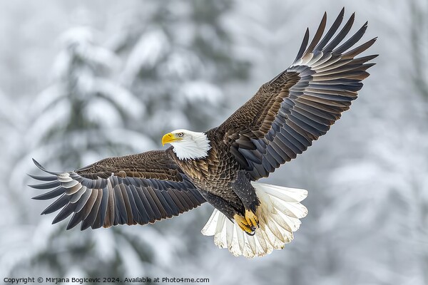 Majestic Bald Eagle Soaring Gracefully Over a Wintry Landscape in Broad Daylight Picture Board by Mirjana Bogicevic