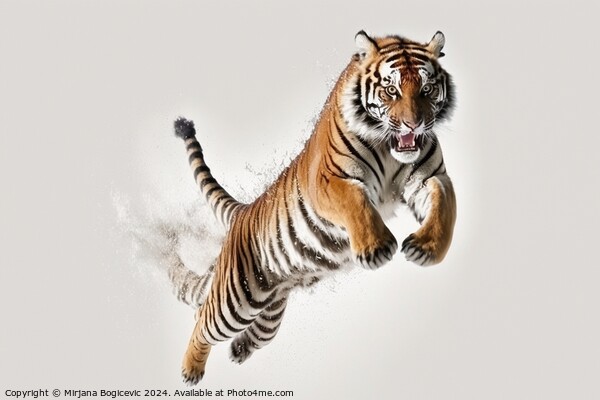 Tiger in jump on white background Picture Board by Mirjana Bogicevic