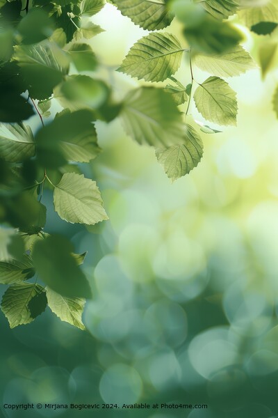 Fresh green leaves bask in the soft light of morning against a tranquil, misty forest backdrop Picture Board by Mirjana Bogicevic