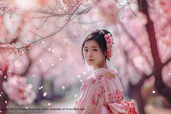 Serene Japanese Cherry Blossom Kimono Picture Board by Mirjana Bogicevic